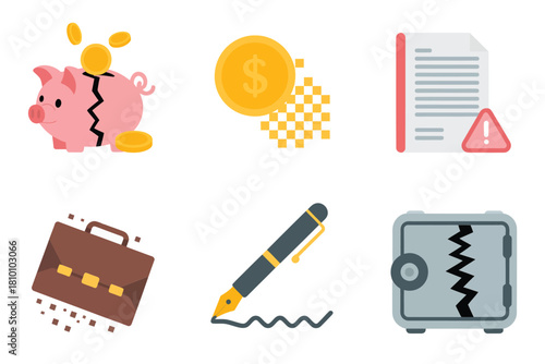 Financial compliance icons, piggy bank with coin, risk alert document, business briefcase, writing pen, secured wallet, accountability vector