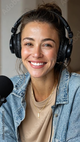 Smiling podcast host in denim engaged in joyful conversation with headphones