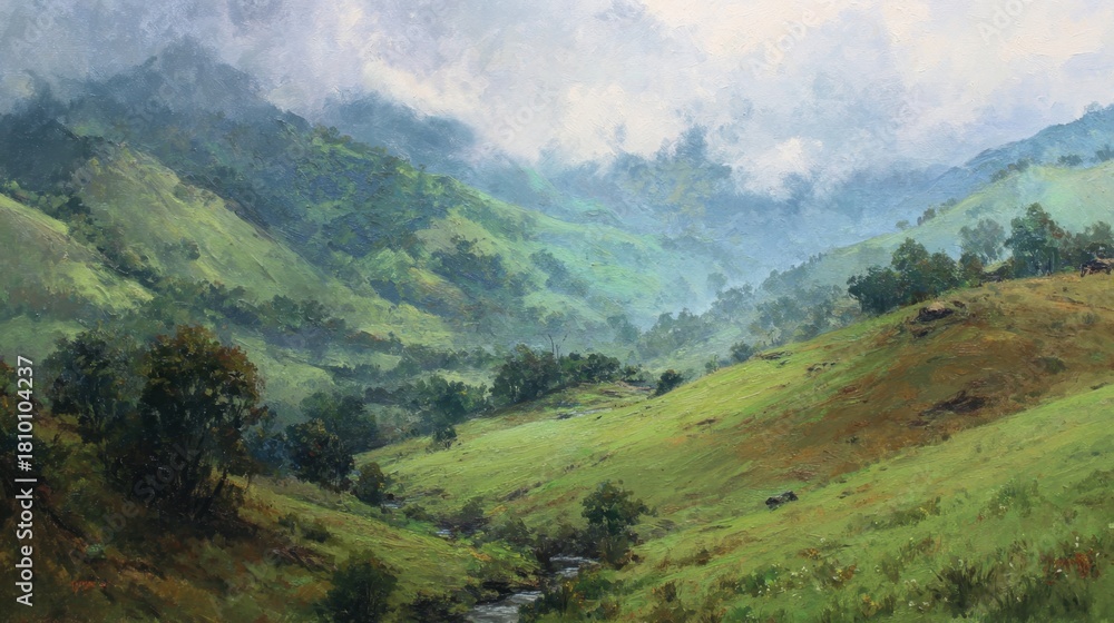 Obraz premium Rolling hills covered in vibrant green grass are kissed by soft light creating a peaceful scene.