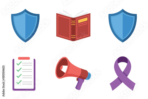 Security and awareness icons, protective shields, education book, checklist form, campaign megaphone, ribbon support, advocacy design vector