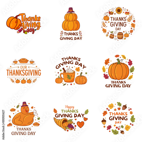 Set of Thanksgiving day vector design, pumpkin, halloween, autumn, thanksgiving, orange, vector, vegetable, holiday, illustration, fall, food, design, fruit, decoration, harvest, leaf, season