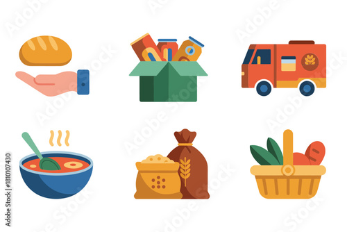 Community feeding support icons, hot soup bowl, grain sack, fresh vegetables, charity food truck, donation box, hand, vector