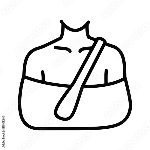 Simple black and white line icon depicting a person wearing an arm sling for injury support isolated on