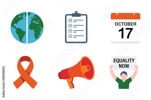 Global awareness icons, planet earth, checklist board, marked calendar date, equality sign, orange ribbon, rally megaphone, heart