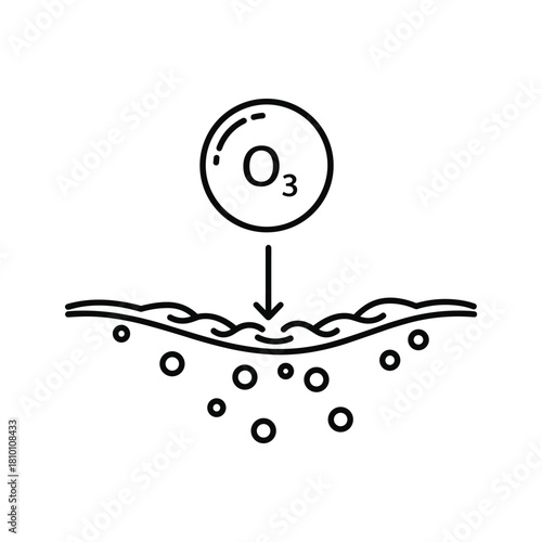 Line art icon illustrating ozone o3 molecule being applied to a surface, causing bubbling or reaction below the surface