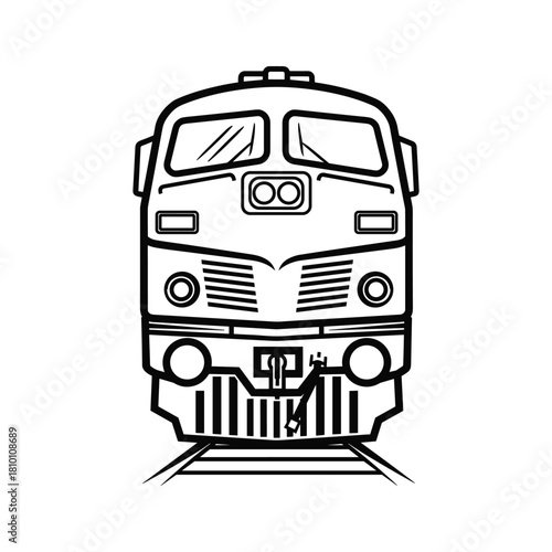 Front view line art illustration of a classic diesel locomotive train engine isolated on