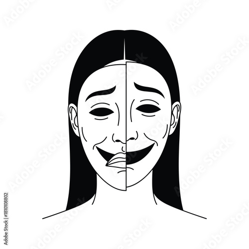 Black and white illustration of a womans face split showing contrasting emotions like sadness and forced happiness, isolated on