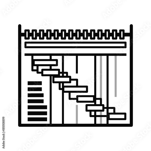 Black and white icon representing a gantt chart or project timeline with tasks and milestones isolated on
