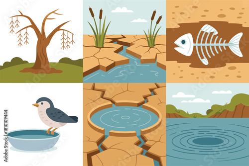 Environmental drought grid, dead tree silhouette, fish skeleton, thirsty bird, cracked earth circle, evaporating lake surfaces