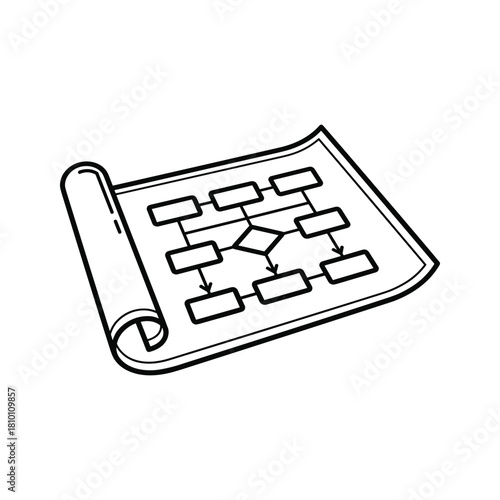 Black and white line drawing icon of a flowchart or process diagram on a rolled piece of paper, isolated on