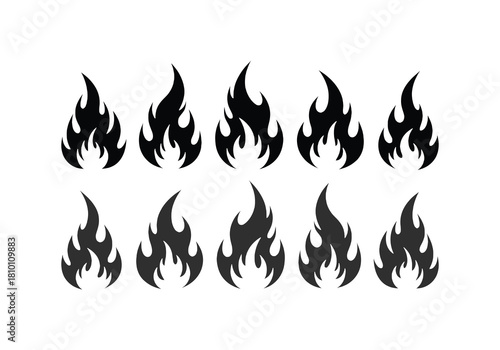 A collection of stylized black flame graphics arranged in a grid pattern