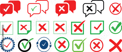 Collection of checkmark and cross icons in speech bubbles and boxes