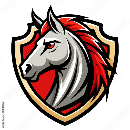 Fierce horse head mascot logo on shield Vector, illustration