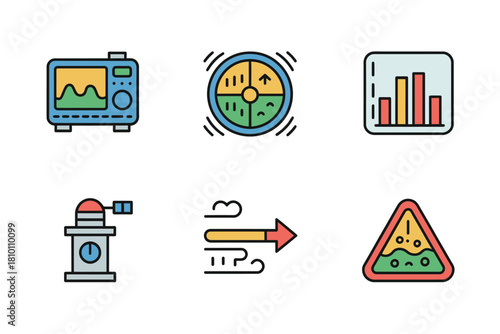 Emissions testing and pollution metrics, analyzer instrument, dashboard charts, sampling device, smoke capture arrow, hazard triangle indication