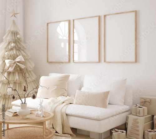 Mockup frame in interior decorated for Christmas time, room in light pastel colors, Scandi-Boho style, 3d render