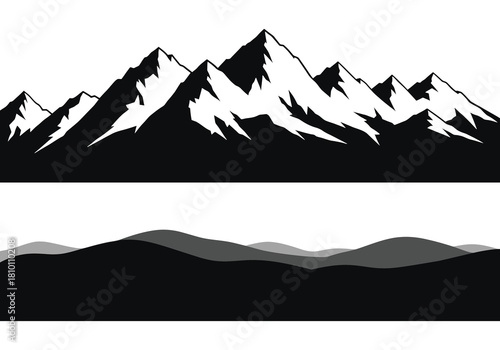 A minimalist black and white illustration of jagged mountain peaks and hills