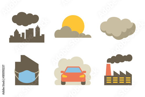 Hazy air quality tiles, city silhouette, dirty cloud masses, protective mask symbol, smoking car, power plant facility