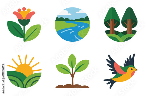 Eco nature symbols, flower sprout, circular river landscapes, young sapling, bright sunrise, cheerful bird, sustainable scenery vector