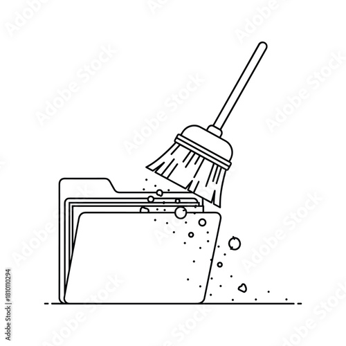 Line art icon of a broom cleaning out a digital file folder, representing data cleanup or file organization, isolated on