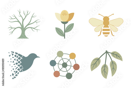 Biodiversity and pollination icons, bare tree silhouette, blooming flower, worker bee, seed scattering bird, molecule seeds cluster, leaves