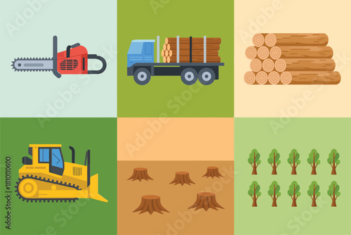 Forestry process grid, chainsaw, logging truck, timber piles, bulldozer clearing stumps, young tree replanting, sustainable management, vector