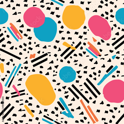 Vector seamless pattern in Memphis style. Abstract colorful background with geometric shapes, circles, stripes, spots. Bright retro 1980s texture. Trendy hipster design for textile, wallpaper, print