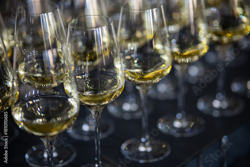 Many champagne glasses in a luxurious ambiance. Stylish, slightly dark-toned photograph. High-society reception, New Year celebration, wedding