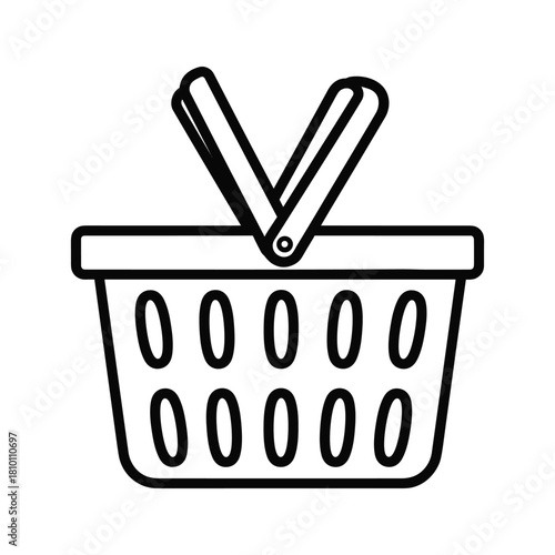 Simple black and white line art icon of a shopping basket with a handle, isolated on