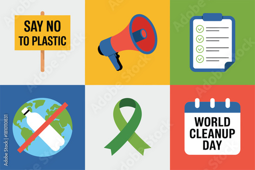 Anti plastic awareness icons, say no to plastic badge, megaphone, checklist board, world cleanup day, green ribbon vector