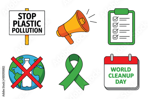 Stop plastic pollution icons, protest poster, megaphone, task checklist, crossed globe symbol, green ribbon, world cleanup day vector