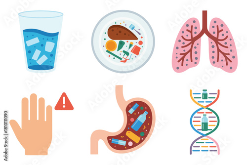 Microplastics in daily life icons, water glass, seafood dish, human lungs, irritation hand, stomach pain, dna helix vector