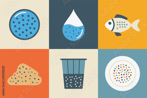 Microplastic particles icons, pellets and fragments, droplet contamination, fish ingestion, beach sand sample, filter mesh, petri dish set