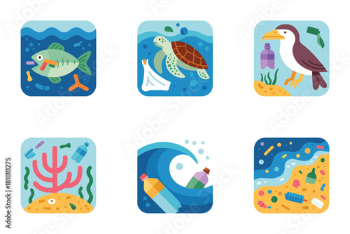 Marine life icons, fish turtle seabird with plastic, coral reef habitat, wave currents, rounded square environmental conservation pack