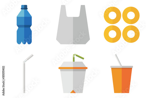Single use plastics icons, bottle and bag, six pack rings, straw, takeaway cups, waste reduction awareness vector