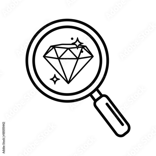 Black and white line art icon of a magnifying glass focusing on a sparkling diamond gem, isolated on