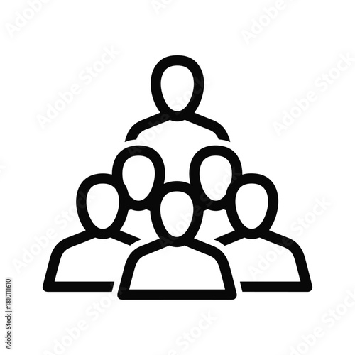 Simple black and white icon representing a team structure or hierarchy with one leader figure above a group of people