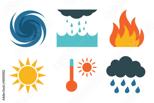 Extreme weather icons, cyclone swirl, heavy rain, coastal surge, wildfire flame, hot sun, thermometer heat, cloud