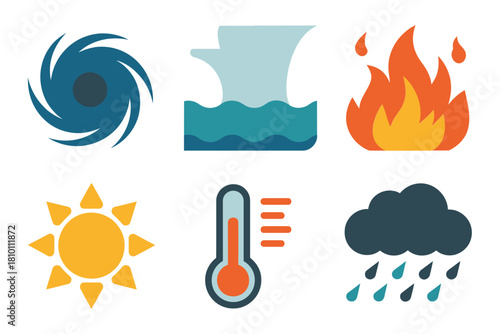 Natural disaster icons, cyclone vortex, flood water, spreading fire, hot sunshine, temperature indicator, storm cloud, collection