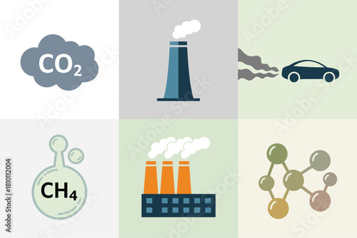 Greenhouse gas awareness icons grid, co2 and ch4 symbols, factory smoke, car exhaust, chemical molecules, climate impact vector