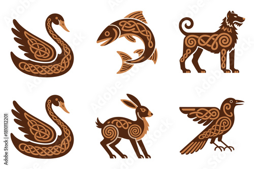 Tribal animal motif set, stylized swan, curling fish, loyal dog, soaring eagle, swift rabbit, rustic bird vector