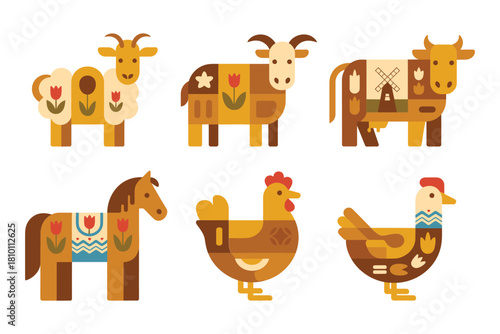 Geometric farm animal icons, boxy cows, goats, horses, chickens, playful shapes, naive folk style, vector illustration