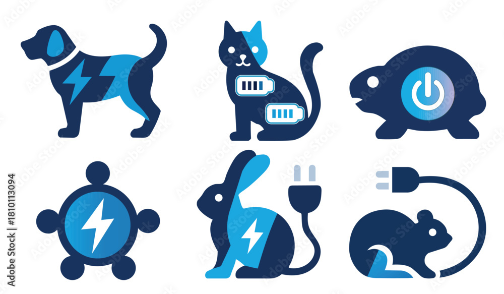 Obraz premium Electric Energy Pet Icons Set – Dog, Cat, Rabbit, Turtle, Mouse Tech Power Symbol Vector