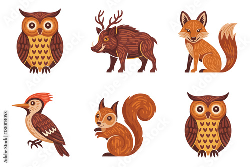 Owl and forest friends set, horned owl, boar, fox, woodpecker, squirrel, cozy autumn tones, charming vector