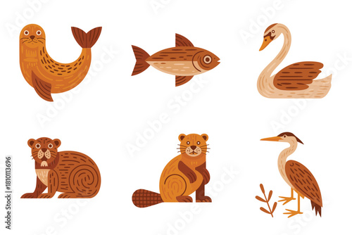 Riverbank wildlife collection, smiling sea lion, shimmering fish, graceful swan, mighty bear, round beaver, elegant bird vector