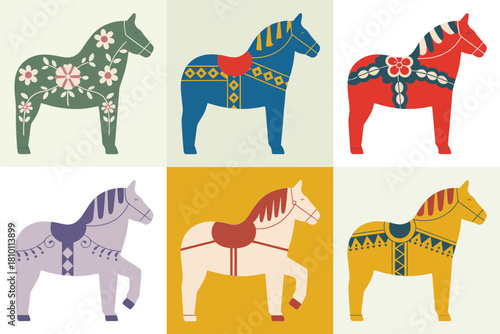 Scandinavian dala horse tiles, colorful patterned horses in square blocks, folk ornament style, nursery wall art vector