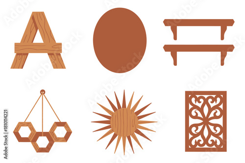 Vintage wooden signage set, large letter monogram, oval hanging sign, bench seating, carved sun panel, rustic vector