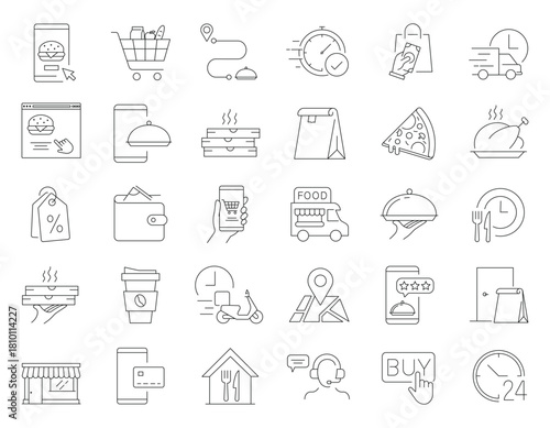 Set of 24 Food Delivery and E-Commerce Line Icons