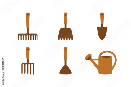 Garden tools set, metal rake, hoe, spade, hand trowel, watering can, backyard maintenance equipment, spring landscaping vector