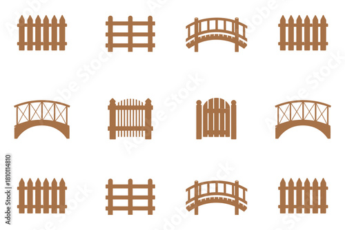 Wooden fence icons pack, arched bridges, picket panels, lattice sections, rustic property boundaries, landscaping components, vector