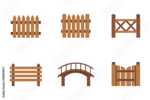 Rustic fence collection, vertical pickets, round top gate, curved footbridge, wooden enclosures, countryside property design vector